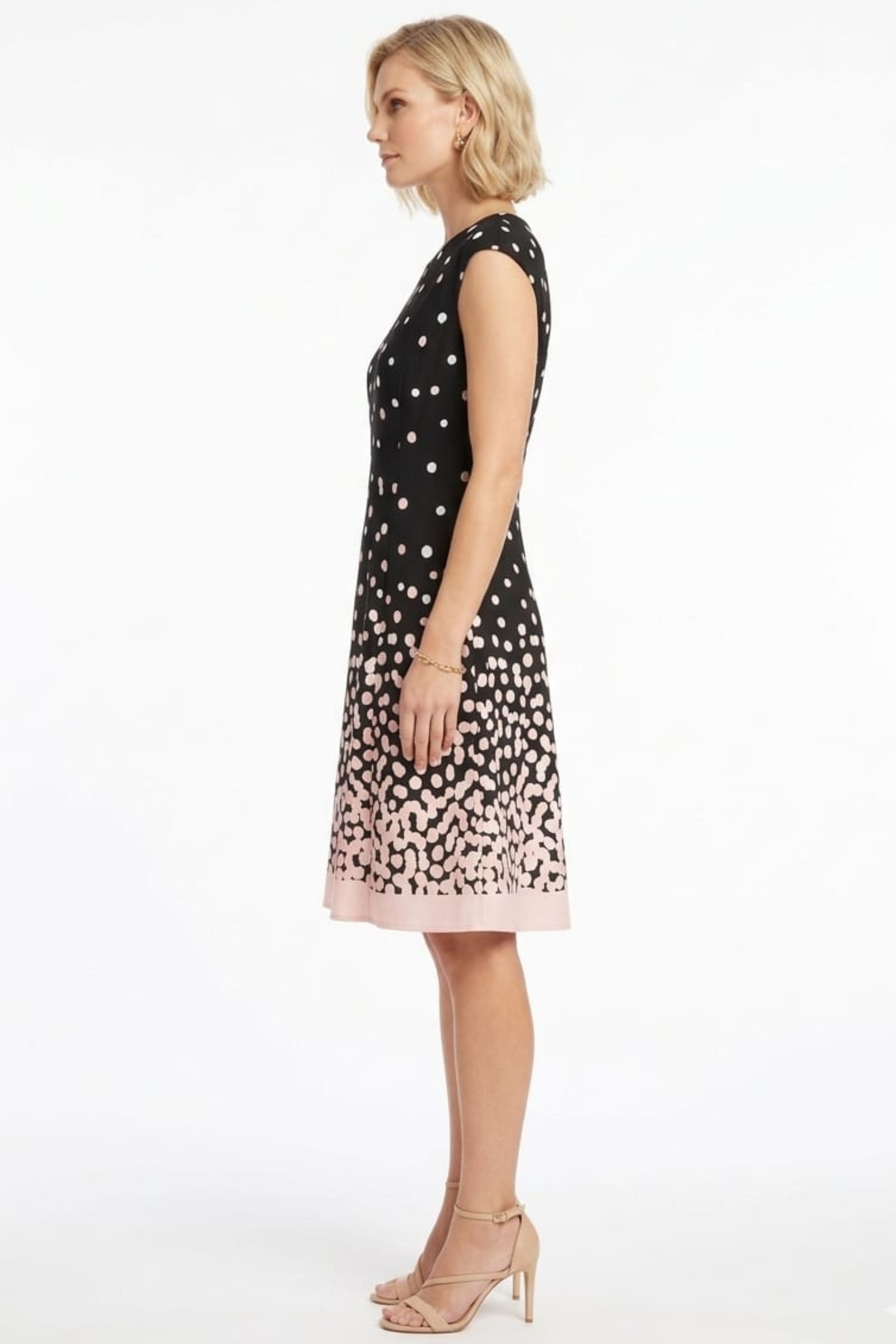 London Times T5536M Black Blush Cap Sleeve Polka Dot A-Line Dress with Jewel Neck, Scuba Crepe