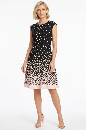 London Times T5536M Black Blush Cap Sleeve Polka Dot A-Line Dress with Jewel Neck, Scuba Crepe