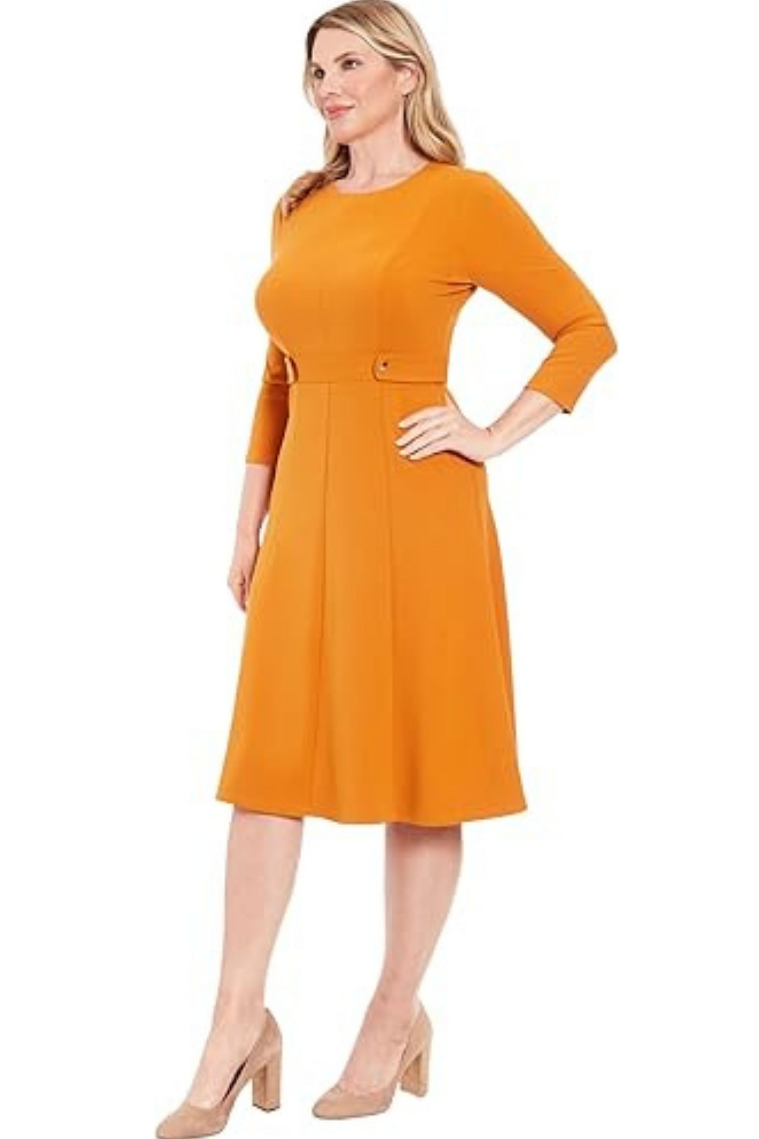 London Times T6004 Honey 3/4 Sleeve Button-Waist A-Line Dress with Scuba Crepe, Button Waist