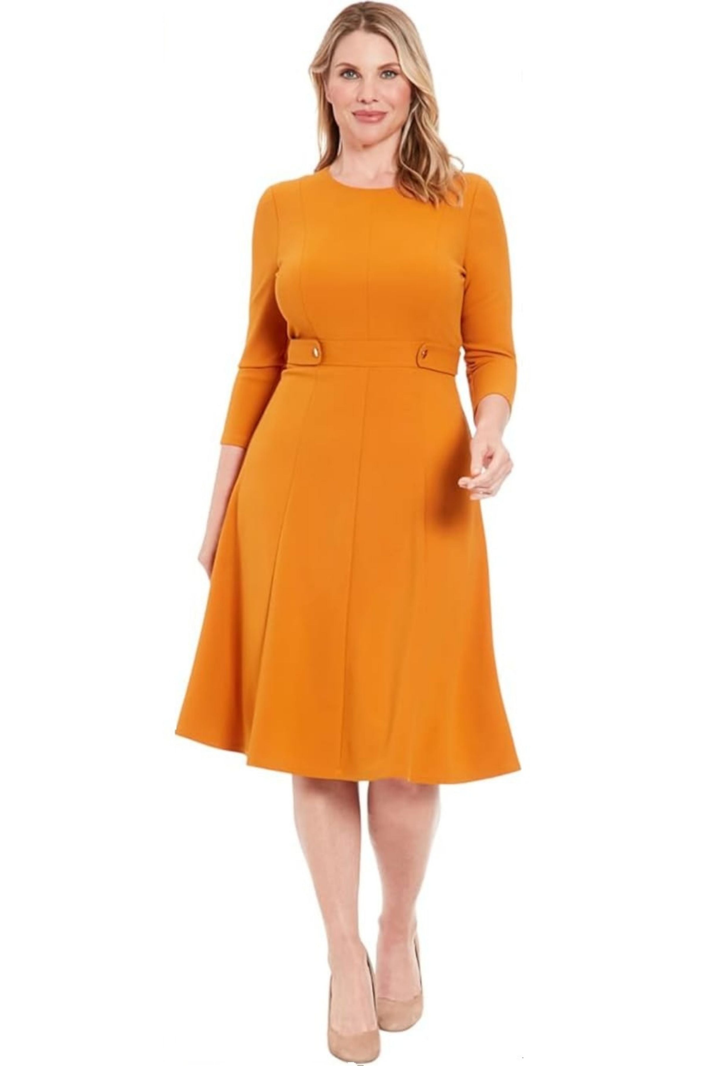London Times T6004 Honey 3/4 Sleeve Button-Waist A-Line Dress with Scuba Crepe, Button Waist