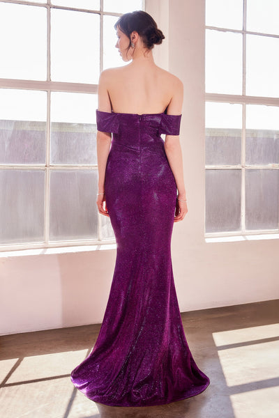 Metallic Glitter Off Shoulder Gown by Amoris T603 – Purple