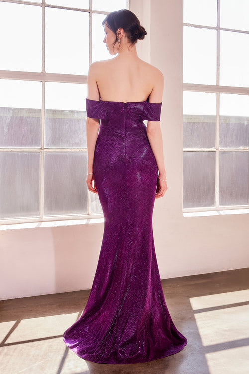 Metallic Glitter Off Shoulder Gown by Amoris T603 – Purple