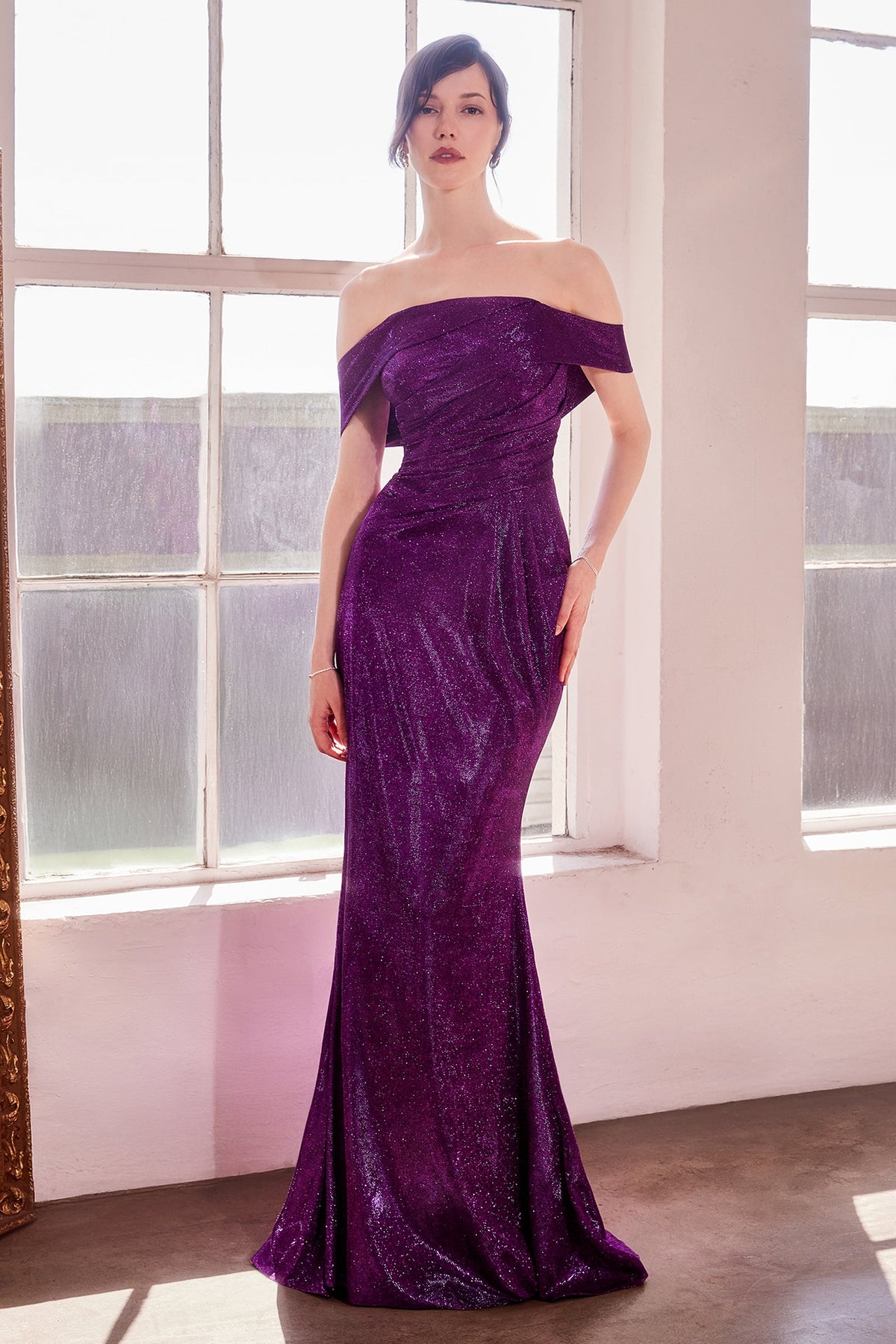 Metallic Glitter Off Shoulder Gown by Amoris T603 – Purple