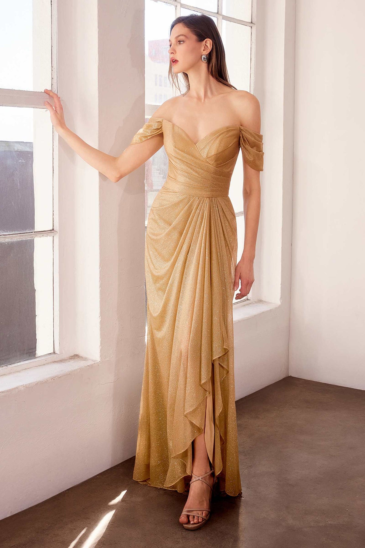 Amoris T604 Off Shoulder Gold Glitter Evening Gown