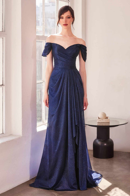 Amoris T604 Off Shoulder Gold Glitter Evening Gown