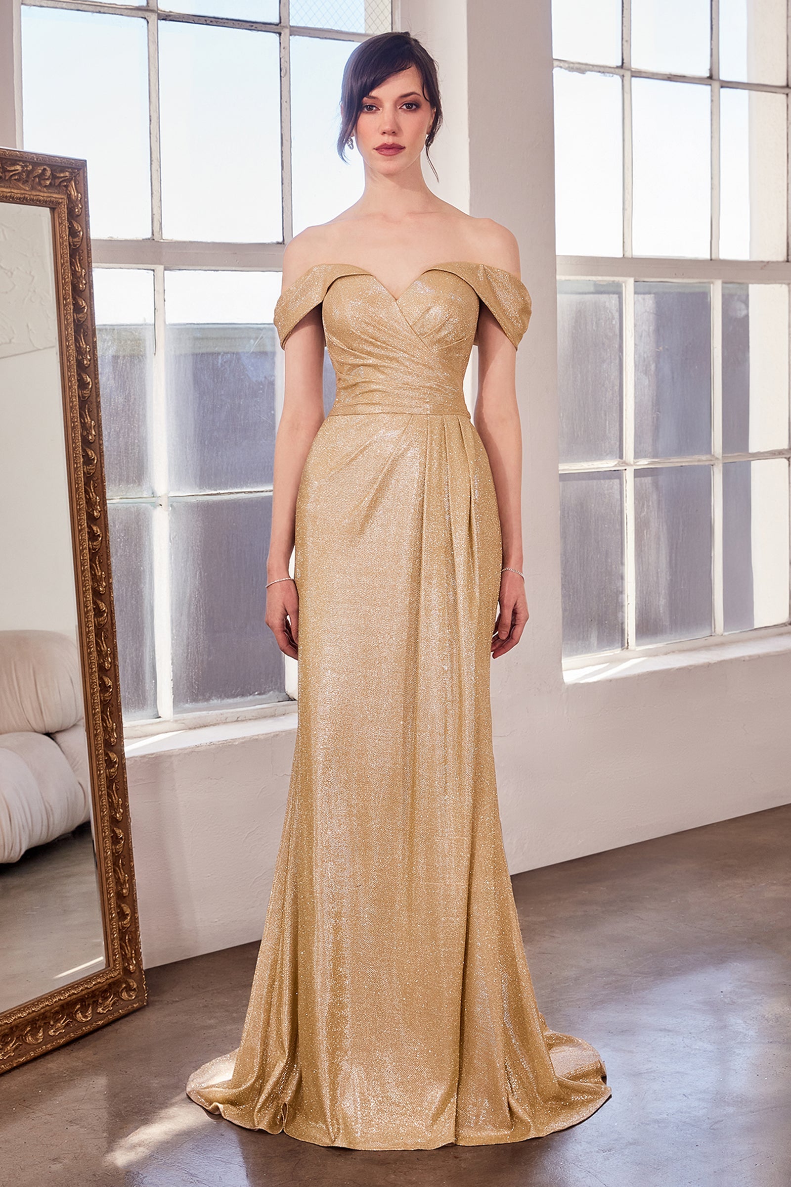 Metallic Off Shoulder Slit Gown – Amoris T605 Black