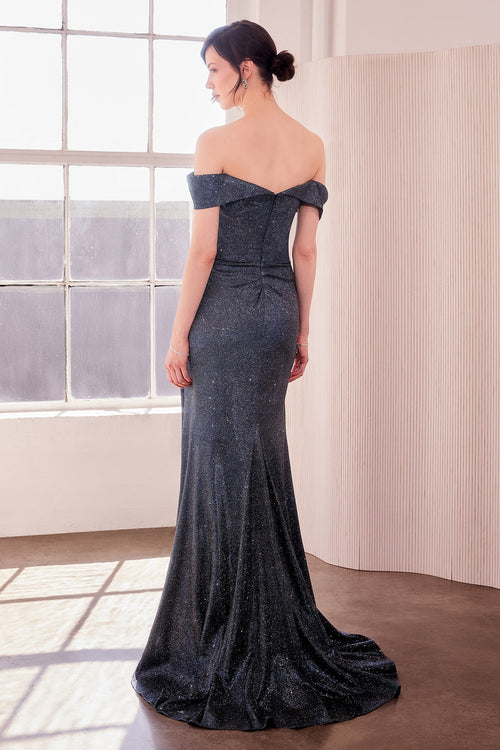 Metallic Off Shoulder Slit Gown – Amoris T605 Black