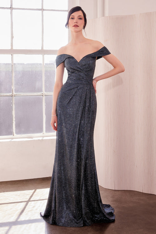 Metallic Off Shoulder Slit Gown – Amoris T605 Black