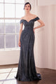 Metallic Off Shoulder Slit Gown – Amoris T605 Black