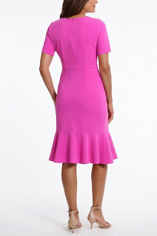 London Times T6064P Light Pink Flounce Hem Short Sleeve V-Neck Scuba Crepe Sheath Dress with Twist Detail and Ruffled Detail