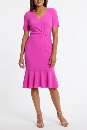 London Times T6064P Light Pink Flounce Hem Short Sleeve V-Neck Scuba Crepe Sheath Dress with Twist Detail and Ruffled Detail