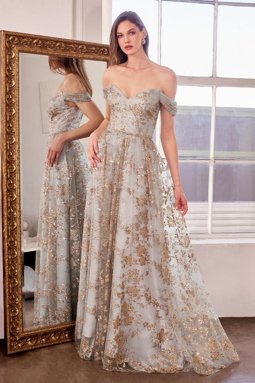 Glitter Print Off Shoulder Gown in Mauve by Amoris T607
