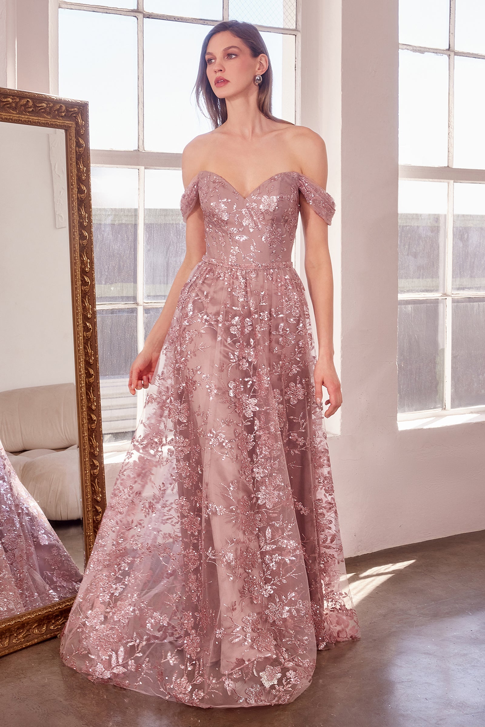 Glitter Print Off Shoulder Gown in Mauve by Amoris T607