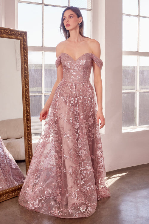 Glitter Print Off Shoulder Gown in Mauve by Amoris T607