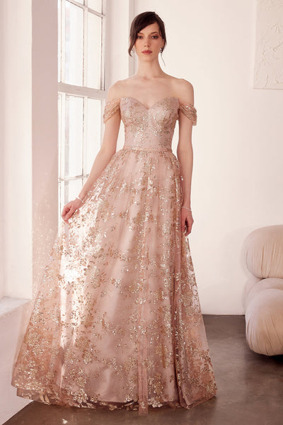 Glitter Print Off Shoulder Gown in Mauve by Amoris T607