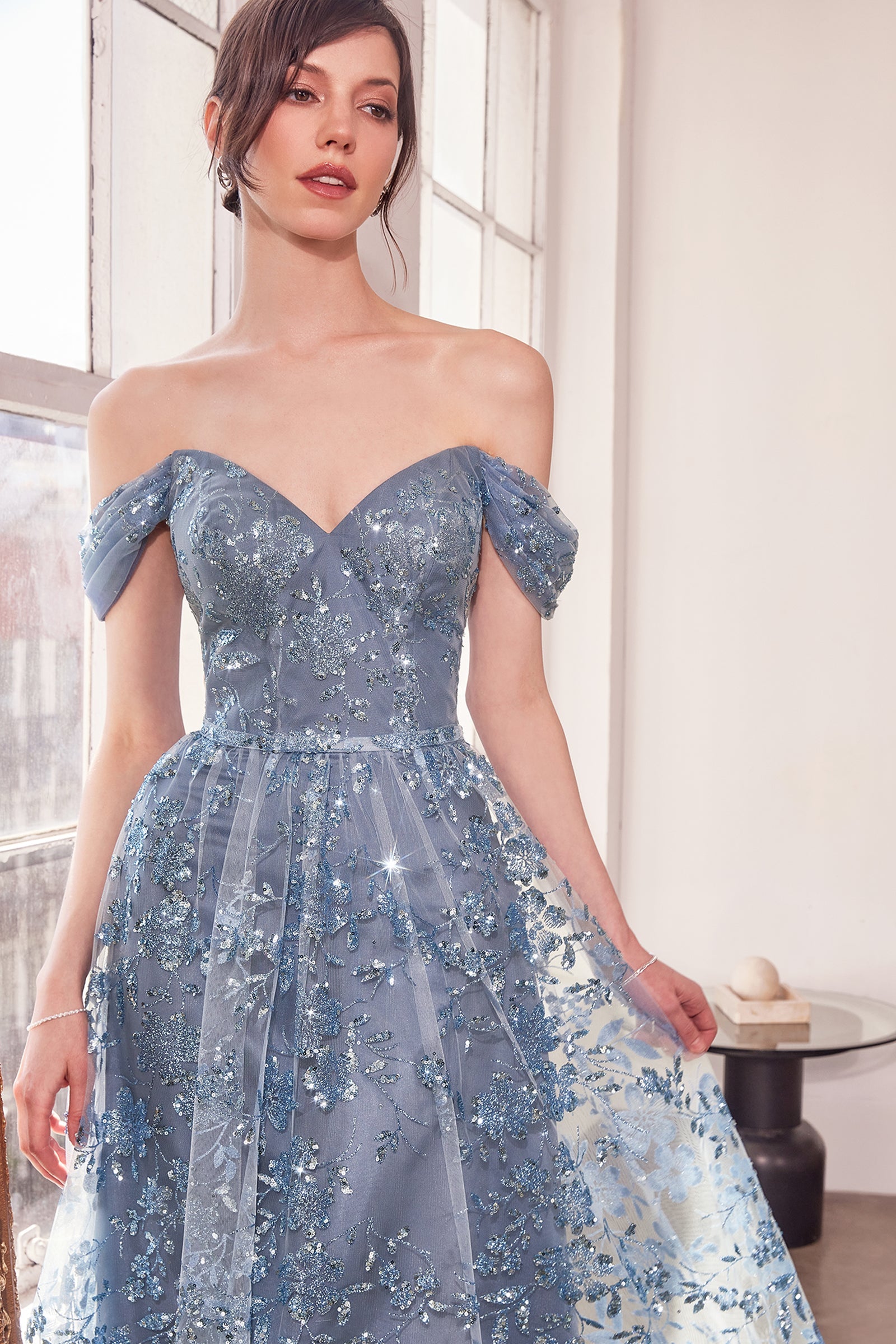 Glitter Print Off Shoulder Gown in Mauve by Amoris T607