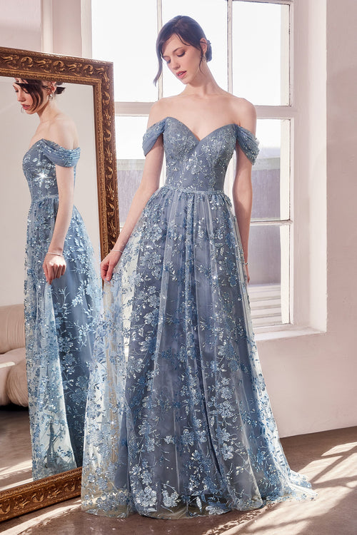 Glitter Print Off Shoulder Gown in Mauve by Amoris T607