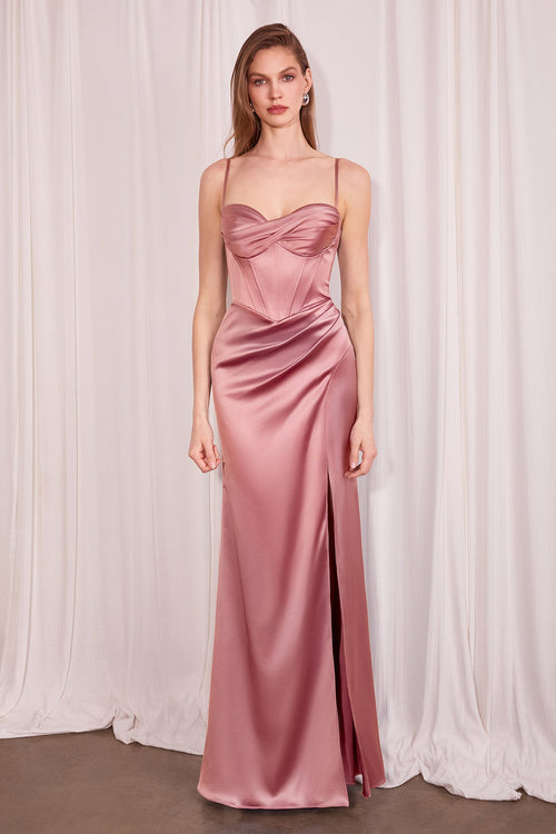 Satin Fitted Sleeveless Slit Gown – Amoris T608 Black