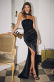 Beaded Satin Strapless Slit Gown by Amoris T609 in Burgundy