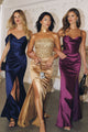Satin Fitted Off Shoulder Slit Gown in Navy by Amoris T610