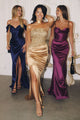 Satin Fitted Off Shoulder Slit Gown in Navy by Amoris T610