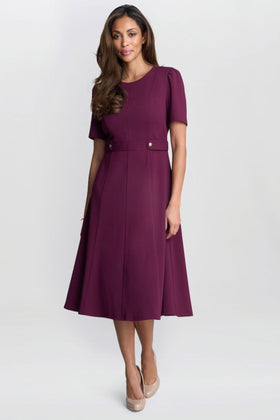 London Times T6565M Plum Short-Sleeve Button Waist Midi Dress with Crew Neck, Short Sleeve, A-Line