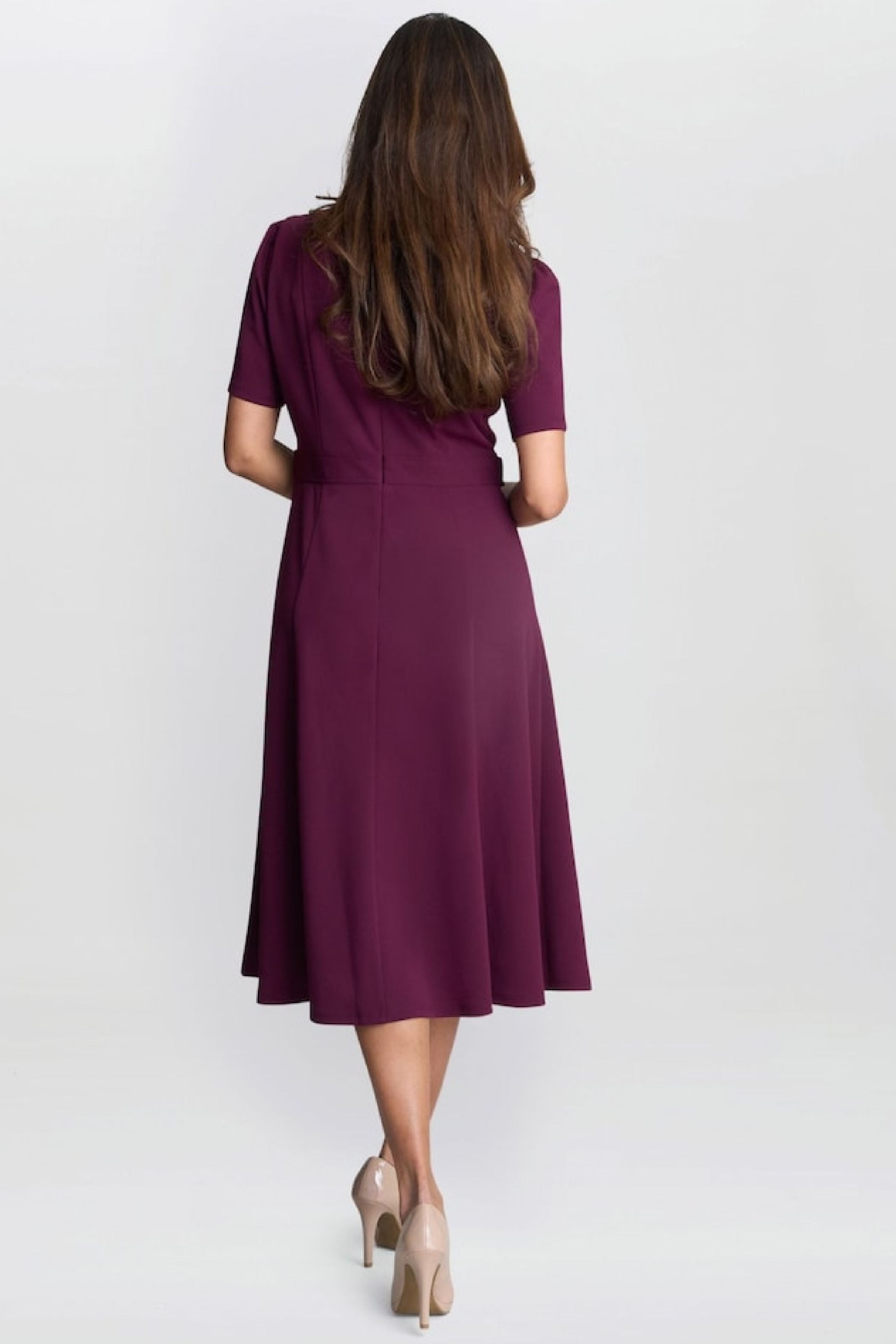 London Times T6565M Plum Short-Sleeve Button Waist Midi Dress with Crew Neck, Short Sleeve, A-Line
