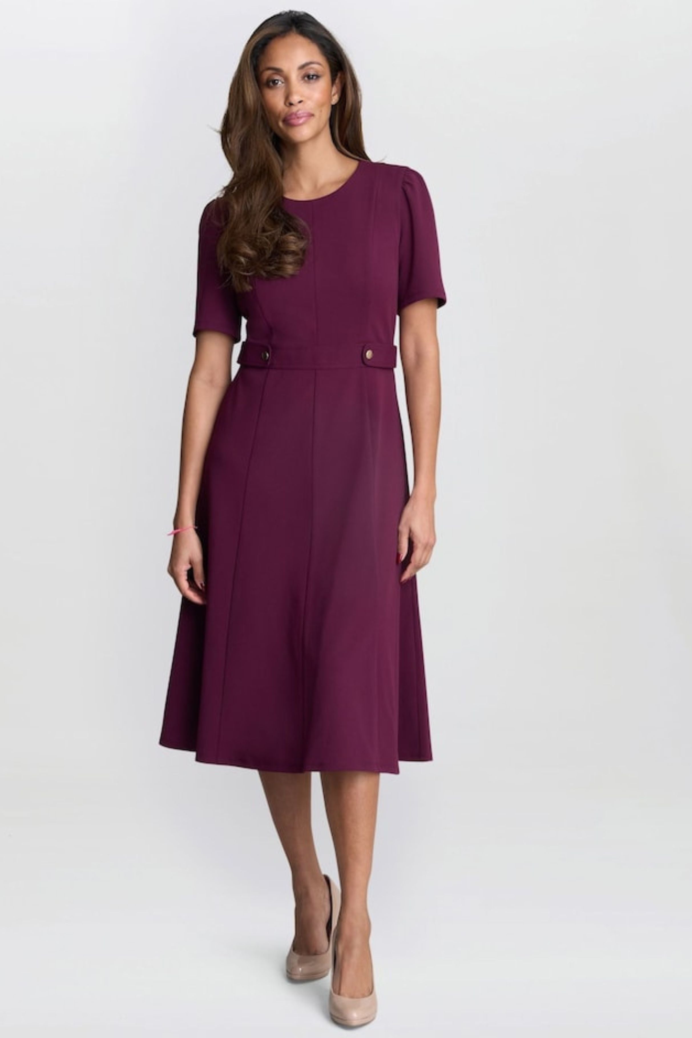 London Times T6565M Plum Short-Sleeve Button Waist Midi Dress with Crew Neck, Short Sleeve, A-Line