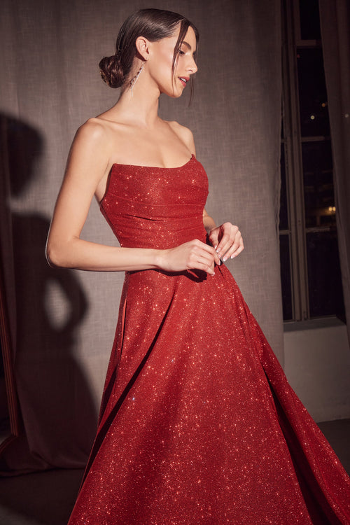 Glitter Strapless A-line Slit Gown by Amoris T701 – Red
