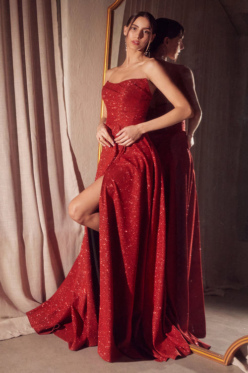 Glitter Strapless A-line Slit Gown by Amoris T701 – Red