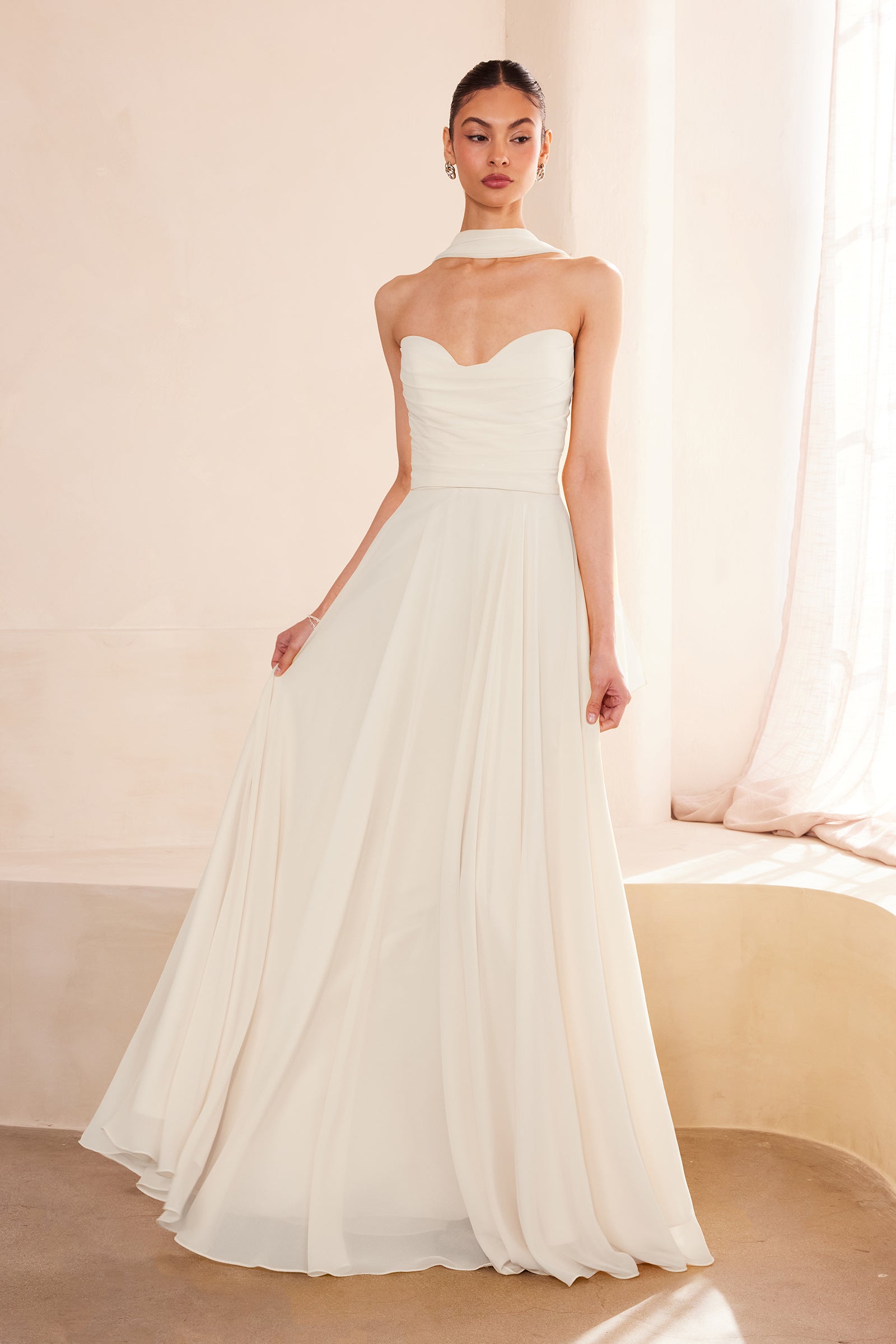 White Chiffon Strapless A-line Gown by Amoris T703W