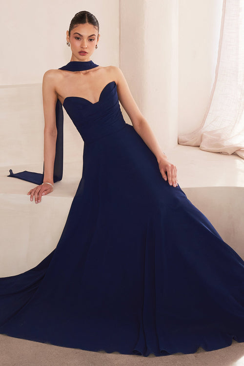 Sky Blue Chiffon Strapless A-Line Gown by Amoris T703