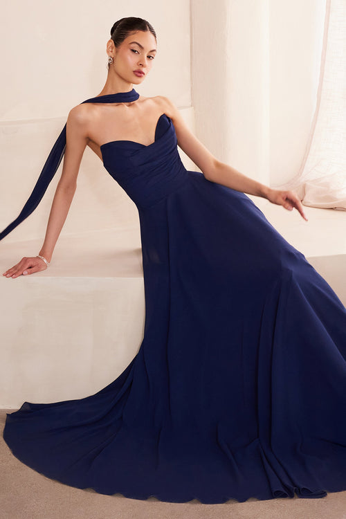 Sky Blue Chiffon Strapless A-Line Gown by Amoris T703