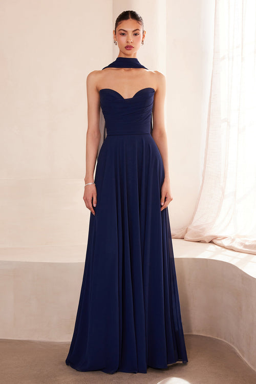Sky Blue Chiffon Strapless A-Line Gown by Amoris T703