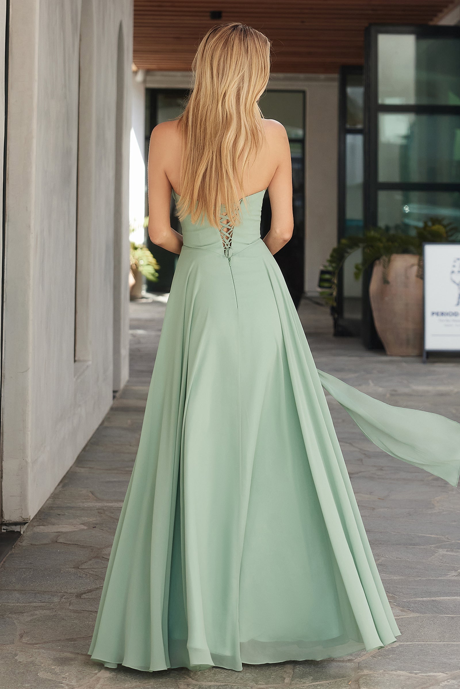 Sky Blue Chiffon Strapless A-Line Gown by Amoris T703