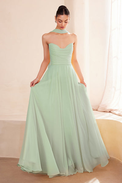 Sky Blue Chiffon Strapless A-Line Gown by Amoris T703