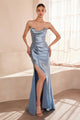 Satin Fitted Strapless Smoky Blue Gown by Amoris T704