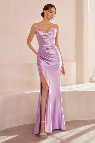 Satin Fitted Strapless Smoky Blue Gown by Amoris T704