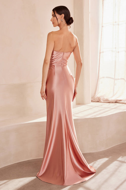 Satin Fitted Strapless Smoky Blue Gown by Amoris T704