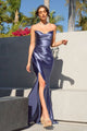 Satin Fitted Strapless Smoky Blue Gown by Amoris T704