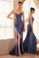 Satin Fitted Strapless Smoky Blue Gown by Amoris T704