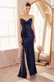 Satin Fitted Strapless Smoky Blue Gown by Amoris T704