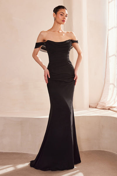 Chiffon Fitted Off Shoulder Gown in Navy by Amoris T705