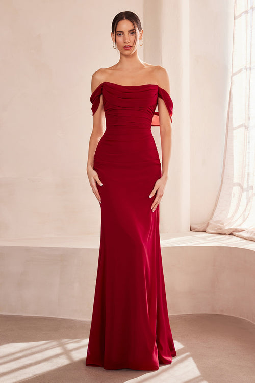Chiffon Fitted Off Shoulder Gown in Navy by Amoris T705