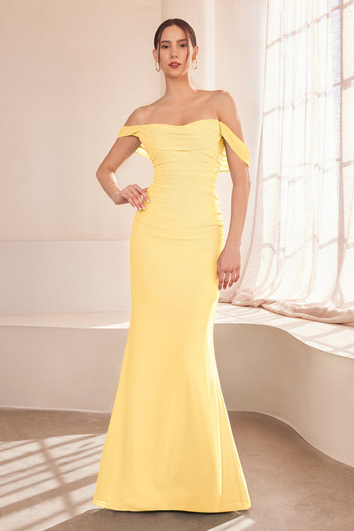 Chiffon Fitted Off Shoulder Gown in Navy by Amoris T705