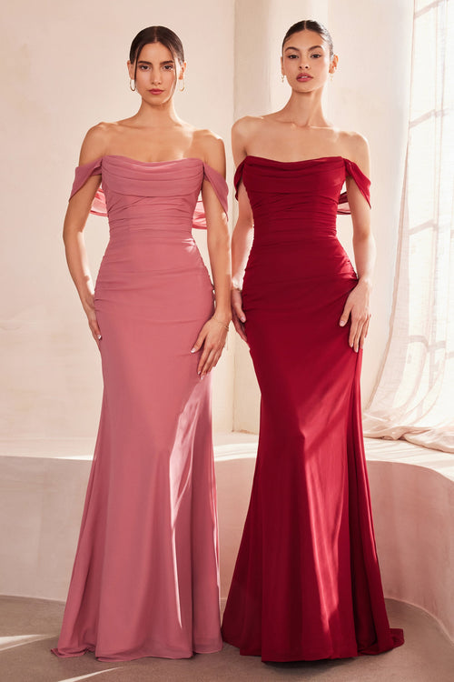 Chiffon Fitted Off Shoulder Gown in Navy by Amoris T705