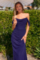 Chiffon Fitted Off Shoulder Gown in Navy by Amoris T705