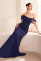 Chiffon Fitted Off Shoulder Gown in Navy by Amoris T705