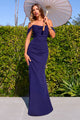 Chiffon Fitted Off Shoulder Gown in Navy by Amoris T705