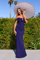 Chiffon Fitted Off Shoulder Gown in Navy by Amoris T705